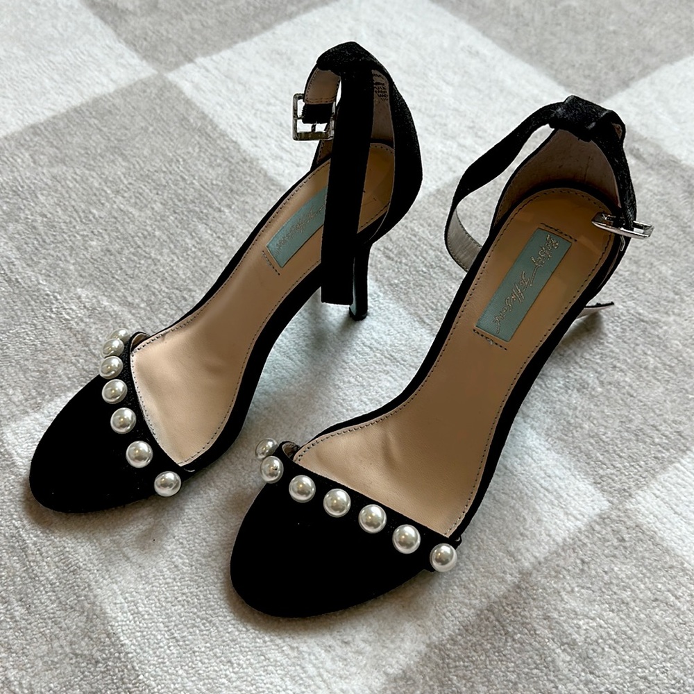 Betsey Johnson Black Pearl-Embellished Ankle Strap Heels Size 7